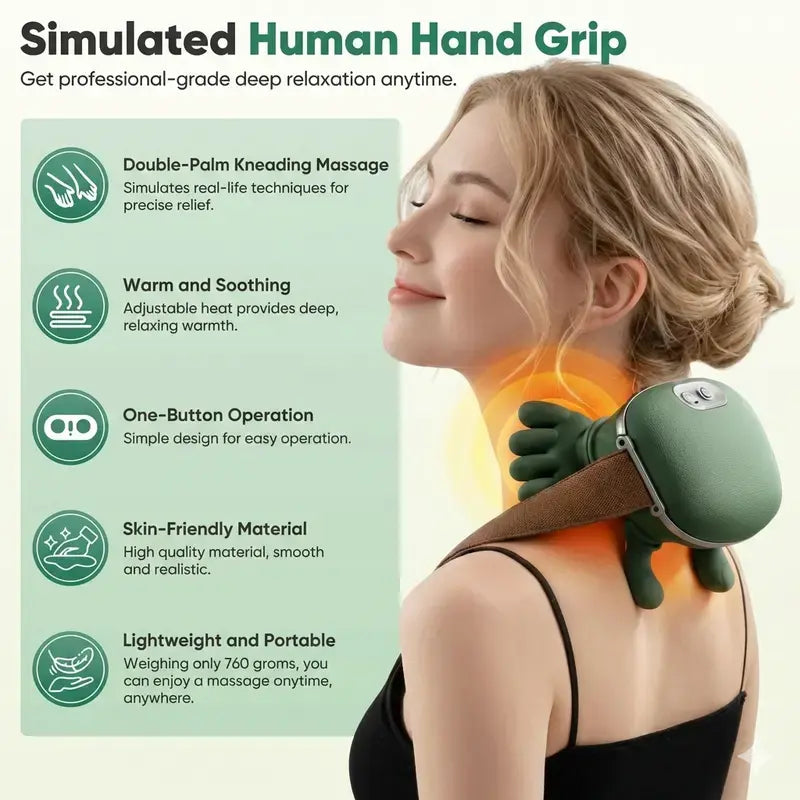 Woman relaxing with the bionic hand massager on her shoulder