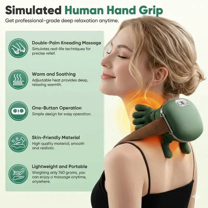 Woman relaxing with the bionic hand massager on her shoulder