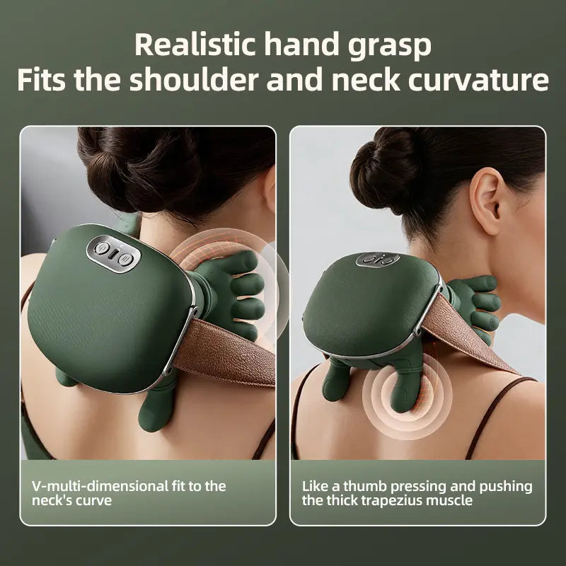 Bionic fingers grasping the shoulder and neck