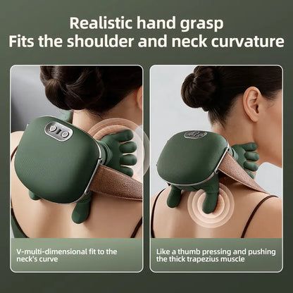 Bionic fingers grasping the shoulder and neck
